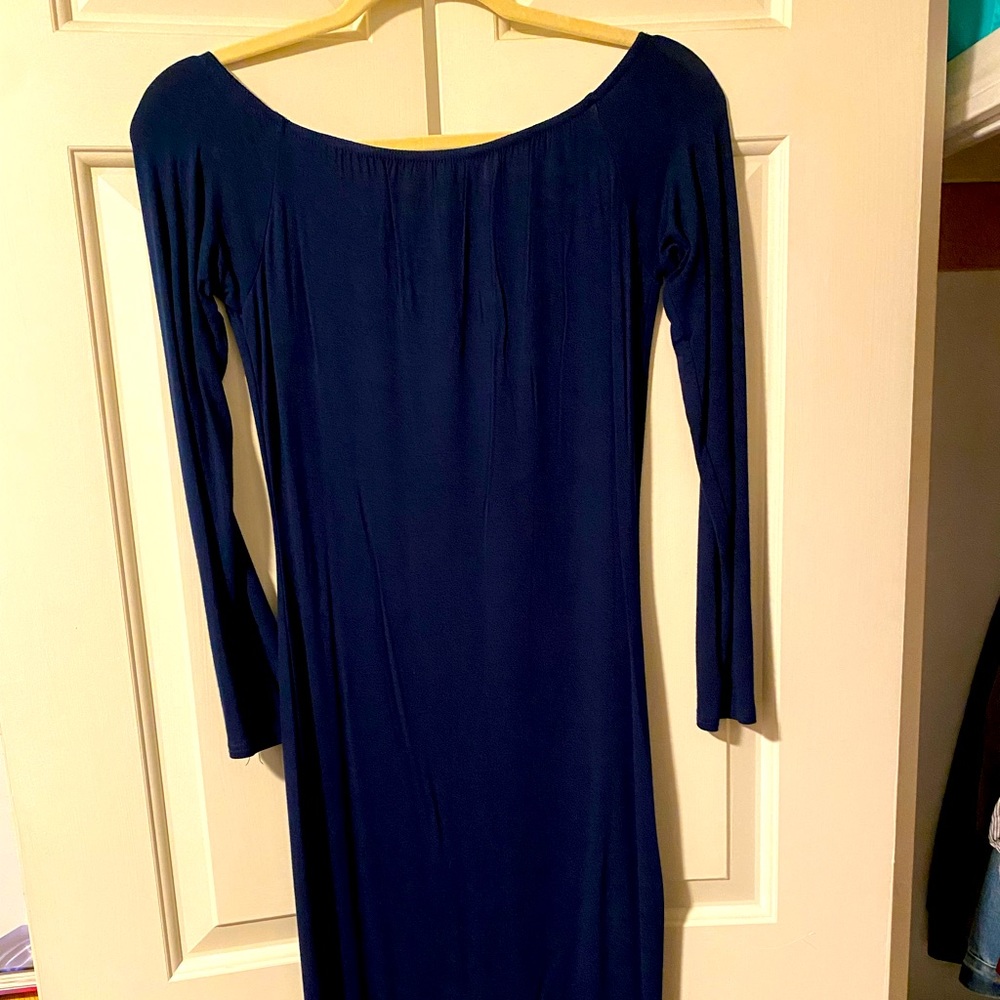 New with tags attached, long sleeve, off the shoulder, fitted navy midi dress.